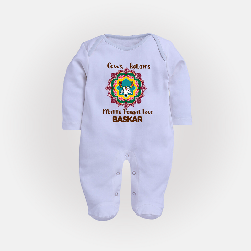 "Happy Mattu Pongal - Kolam Designs & Cow-Themed Customized Sleep Suit for Babies with Name" - BABY BLUE - New Born (Chest 7.5")