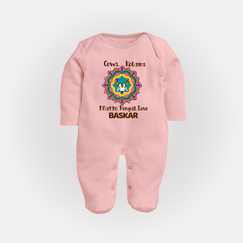 "Happy Mattu Pongal - Kolam Designs & Cow-Themed Customized Sleep Suit for Babies with Name" - BABY PINK - New Born (Chest 7.5")