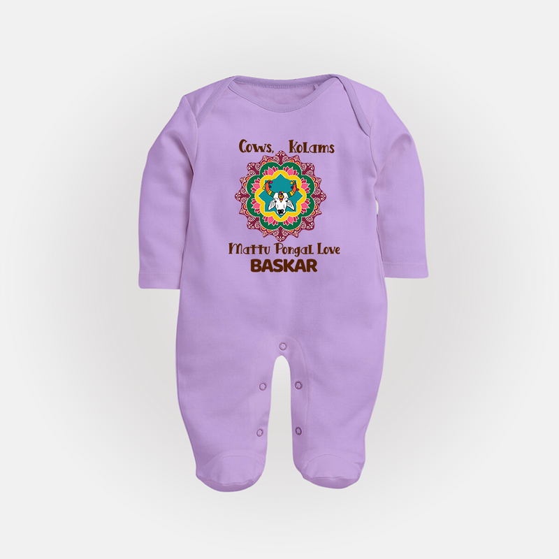 "Happy Mattu Pongal - Kolam Designs & Cow-Themed Customized Sleep Suit for Babies with Name" - LILAC - New Born (Chest 7.5")