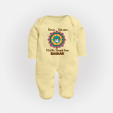 "Happy Mattu Pongal - Kolam Designs & Cow-Themed Customized Sleep Suit for Babies with Name" - PASTEL YELLOW - New Born (Chest 7.5")