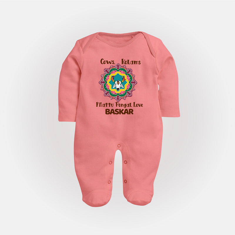 "Happy Mattu Pongal - Kolam Designs & Cow-Themed Customized Sleep Suit for Babies with Name" - PEACH - New Born (Chest 7.5")