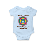 "Happy Mattu Pongal - Kolam Designs & Cow-Themed Customized Romper for Babies with Name" - BABY BLUE - 0 - 3 Months Old (Chest 16")