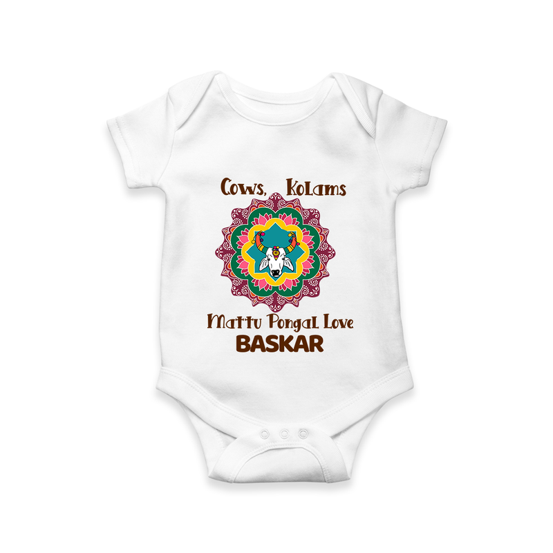 "Happy Mattu Pongal - Kolam Designs & Cow-Themed Customized Romper for Babies with Name" - WHITE - 0 - 3 Months Old (Chest 16")