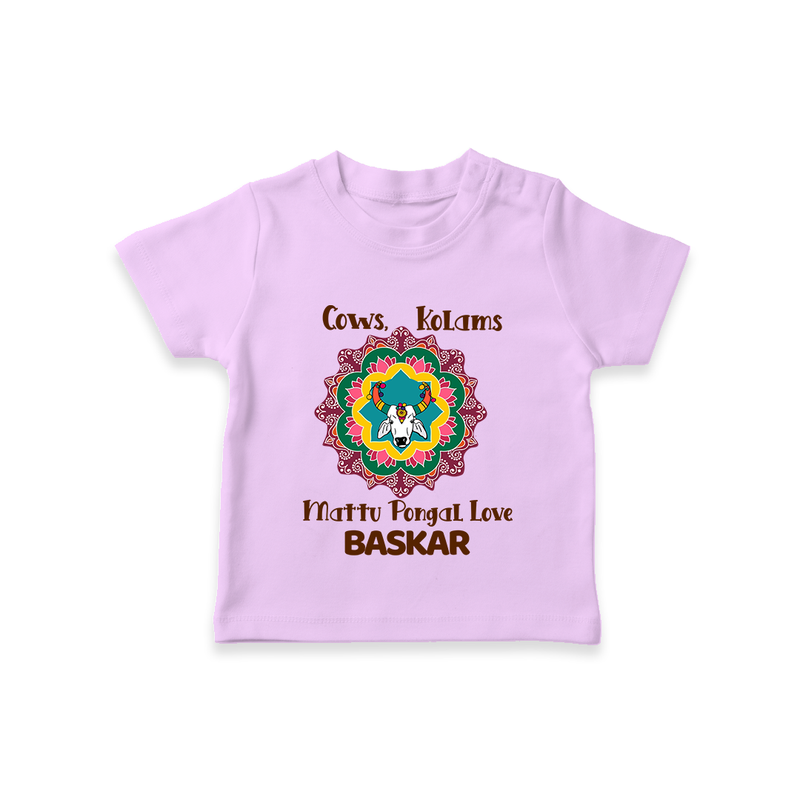 "Happy Mattu Pongal - Kolam Designs & Cow-Themed Customized T-shirt for Kids with Name" - LILAC - 0-5 Months Old (Chest 17")