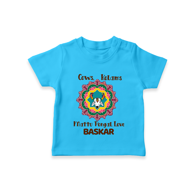 "Happy Mattu Pongal - Kolam Designs & Cow-Themed Customized T-shirt for Kids with Name" - SKY BLUE - 0-5 Months Old (Chest 17")