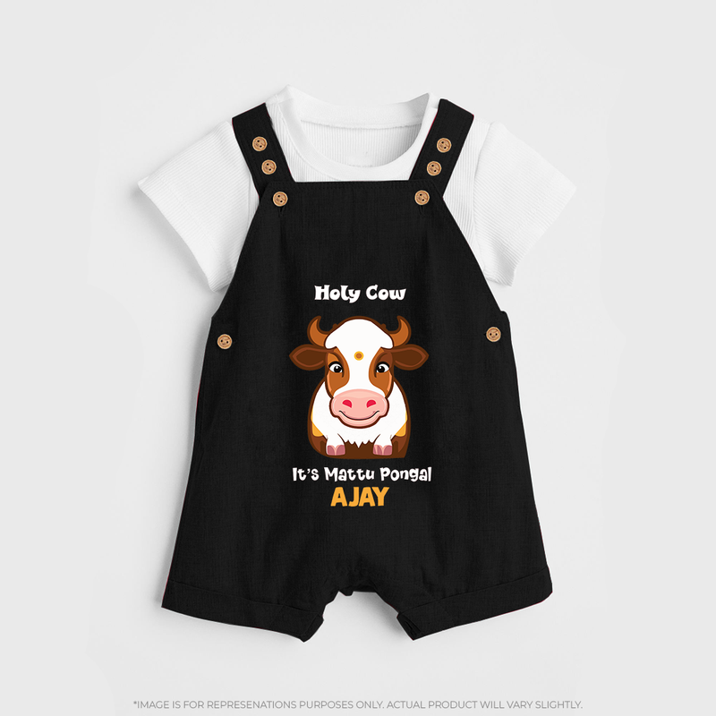 "Holy Cow! Happy Mattu Pongal - Customized Dungaree Set for Kids with Name" - BLACK - 0 - 5 Months Old (Chest 18")