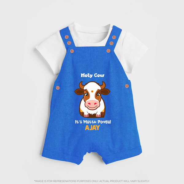 "Holy Cow! Happy Mattu Pongal - Customized Dungaree Set for Kids with Name" - COBALT BLUE - 0 - 5 Months Old (Chest 18")