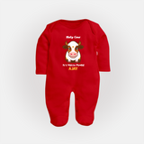 "Holy Cow! Happy Mattu Pongal - Customized Sleep Suit for Babies with Name" - RED - New Born (Chest 7.5")