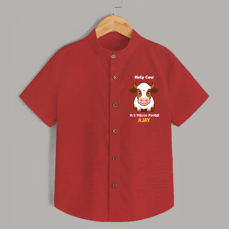 "Holy Cow! Happy Mattu Pongal - Customized Shirt for Boys with Name" - RED - 0 - 6 Months Old (Chest 23")