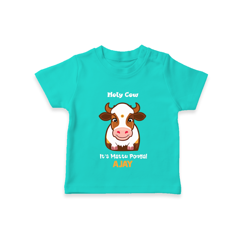 "Holy Cow! Happy Mattu Pongal - Customized T-shirt for Kids with Name" - TEAL - 0-5 Months Old (Chest 17")