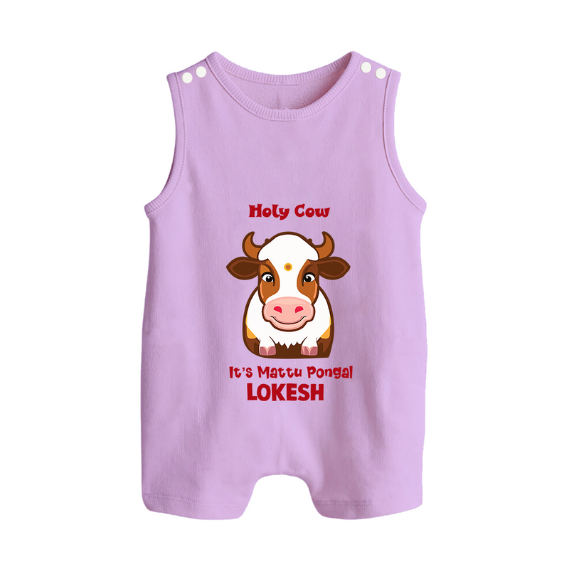 "Holy Cow! Happy Mattu Pongal - Customized Romper Suit for Babies with Name" - LILAC - 0 - 5 Months Old (Chest 18")