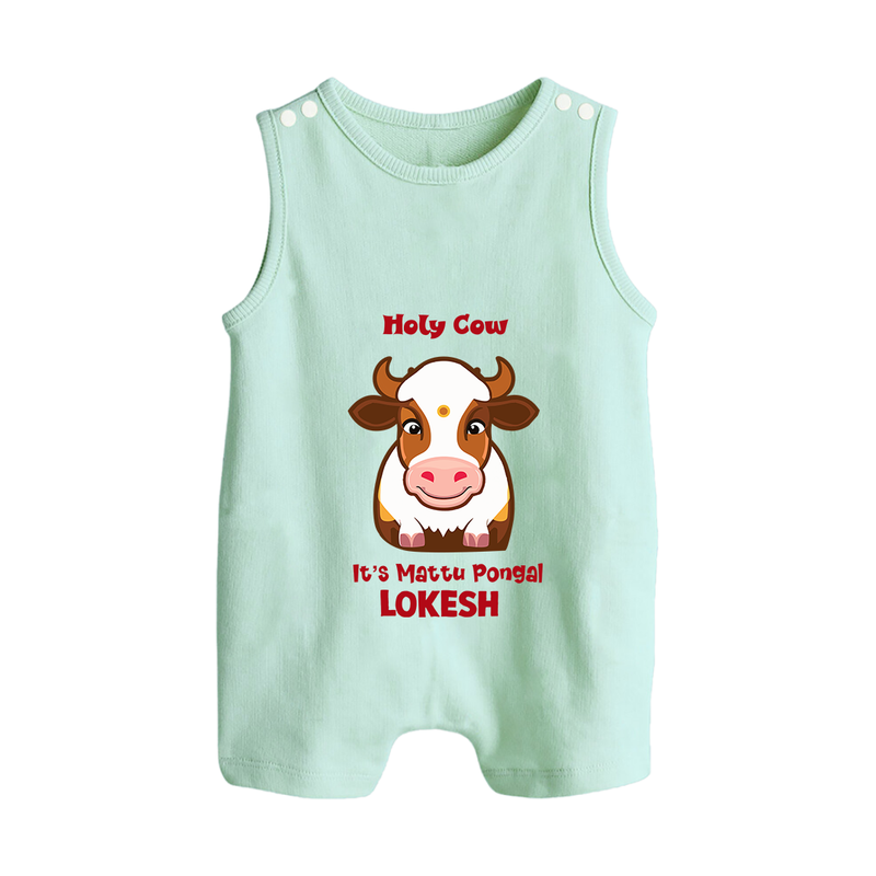 "Holy Cow! Happy Mattu Pongal - Customized Romper Suit for Babies with Name" - MINT GREEN - 0 - 5 Months Old (Chest 18")