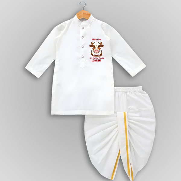 "Holy Cow! Happy Mattu Pongal - Customized Dropped Dhoti for Boys with Name" - WHITE - 0 - 6 Month Old (Chest 24", Kurta Length 14" , Waist 19", Dhoti Length 14")