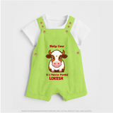 "Holy Cow! Happy Mattu Pongal - Customized Dungaree Set for Kids with Name" - GREEN - 0 - 5 Months Old (Chest 18")