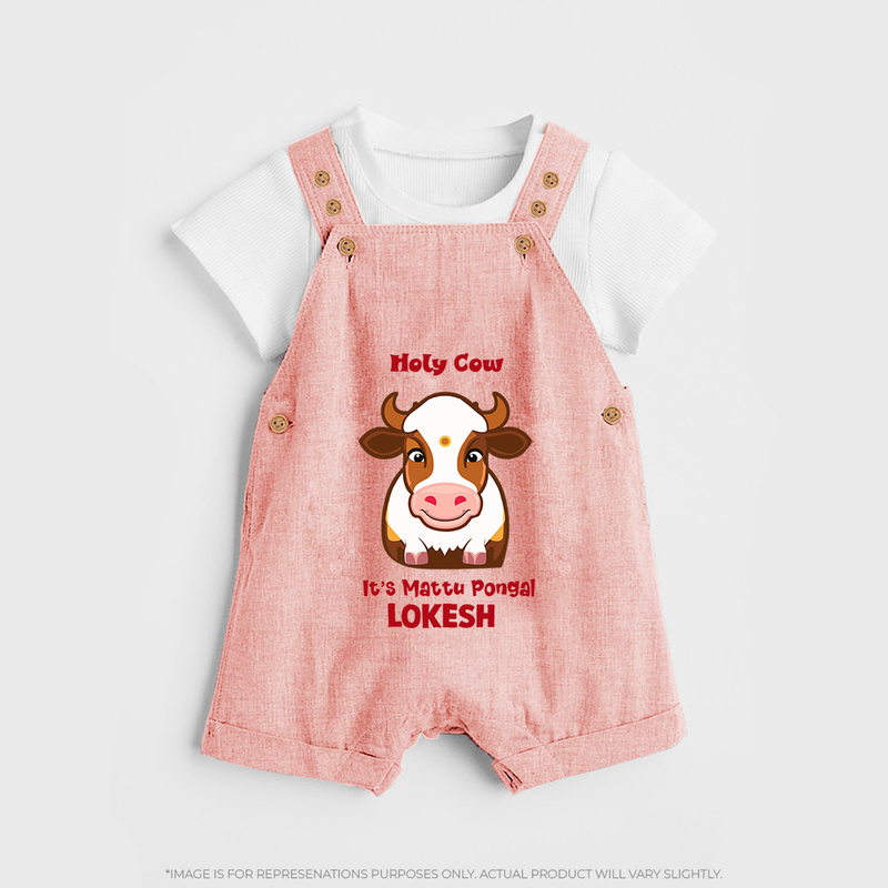 "Holy Cow! Happy Mattu Pongal - Customized Dungaree Set for Kids with Name" - PEACH - 0 - 5 Months Old (Chest 18")