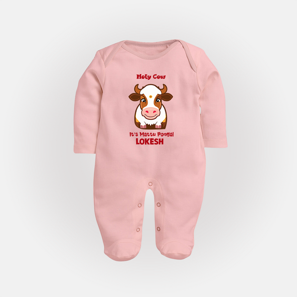 "Holy Cow! Happy Mattu Pongal - Customized Sleep Suit for Babies with Name" - BABY PINK - New Born (Chest 7.5")