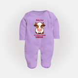 "Holy Cow! Happy Mattu Pongal - Customized Sleep Suit for Babies with Name" - LILAC - New Born (Chest 7.5")