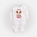 "Holy Cow! Happy Mattu Pongal - Customized Sleep Suit for Babies with Name" - WHITE - New Born (Chest 7.5")