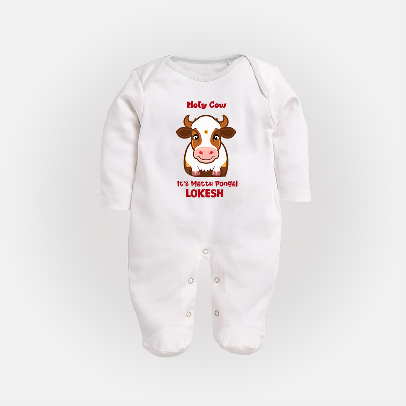 "Holy Cow! Happy Mattu Pongal - Customized Sleep Suit for Babies with Name" - WHITE - New Born (Chest 7.5")