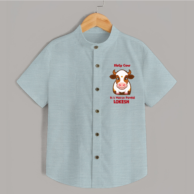 "Holy Cow! Happy Mattu Pongal - Customized Shirt for Boys with Name" - ARCTIC BLUE - 0 - 6 Months Old (Chest 23")