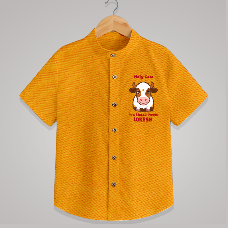 "Holy Cow! Happy Mattu Pongal - Customized Shirt for Boys with Name" - CHROME YELLOW - 0 - 6 Months Old (Chest 23")