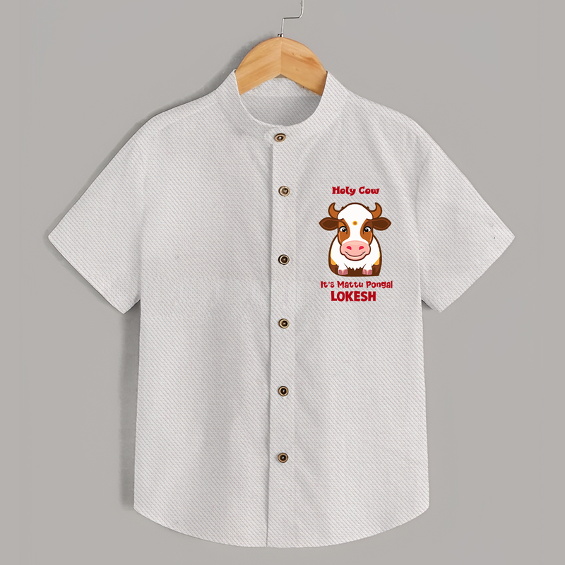 "Holy Cow! Happy Mattu Pongal - Customized Shirt for Boys with Name" - WHITE - 0 - 6 Months Old (Chest 23")