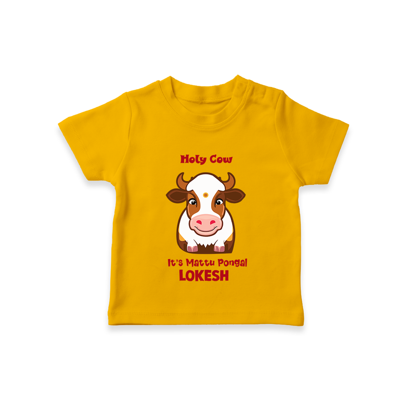 "Holy Cow! Happy Mattu Pongal - Customized T-shirt for Kids with Name" - CHROME YELLOW - 0-5 Months Old (Chest 17")