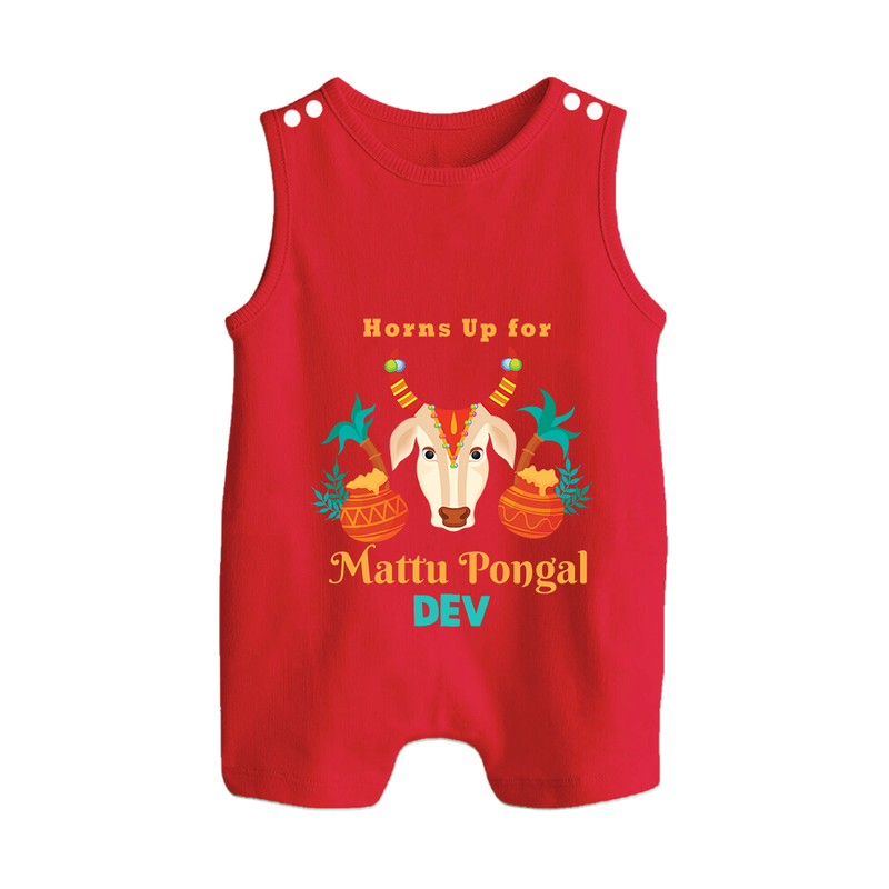 "Horn Up for Happy Mattu Pongal - Customized Romper Suit for Babies with Name" - RED - 0 - 5 Months Old (Chest 18")