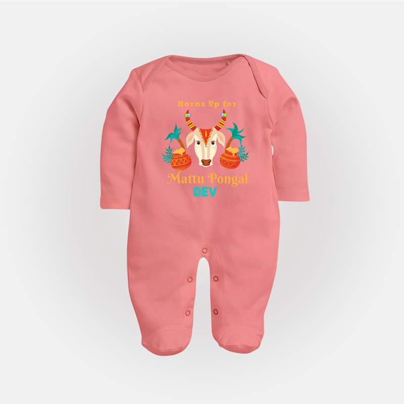 "Horn Up for Happy Mattu Pongal - Customized Sleep Suit for Babies with Name" - PEACH - New Born (Chest 7.5")