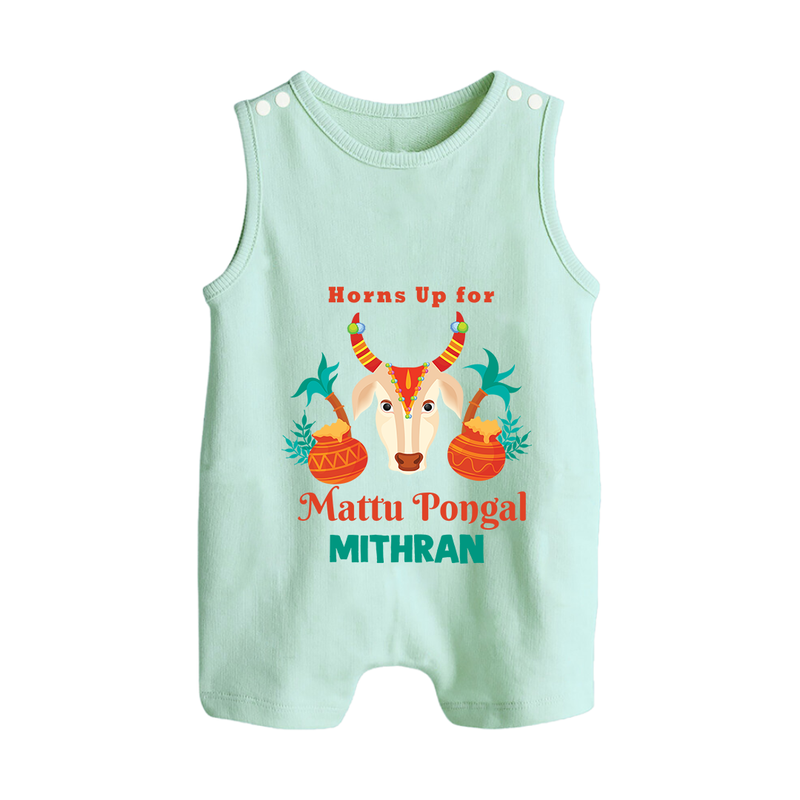 "Horn Up for Happy Mattu Pongal - Customized Romper Suit for Babies with Name" - MINT GREEN - 0 - 5 Months Old (Chest 18")