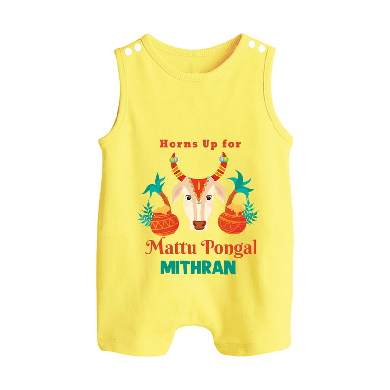 "Horn Up for Happy Mattu Pongal - Customized Romper Suit for Babies with Name" - PASTEL YELLOW - 0 - 5 Months Old (Chest 18")