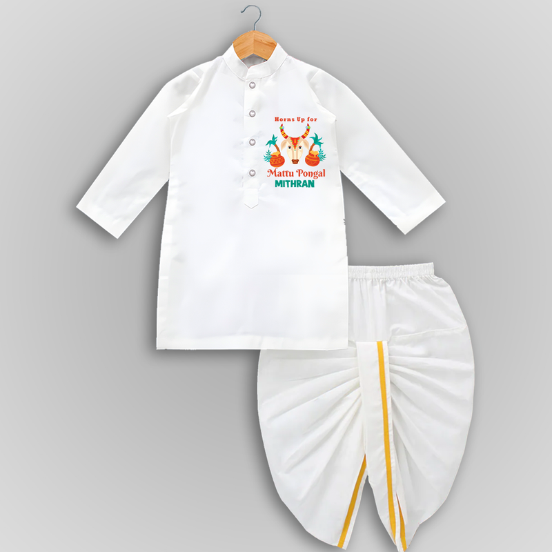 "Horn Up For Happy Mattu Pongal - Customized Dropped Dhoti for Boys with Name" - WHITE - 0 - 6 Month Old (Chest 24", Kurta Length 14" , Waist 19", Dhoti Length 14")