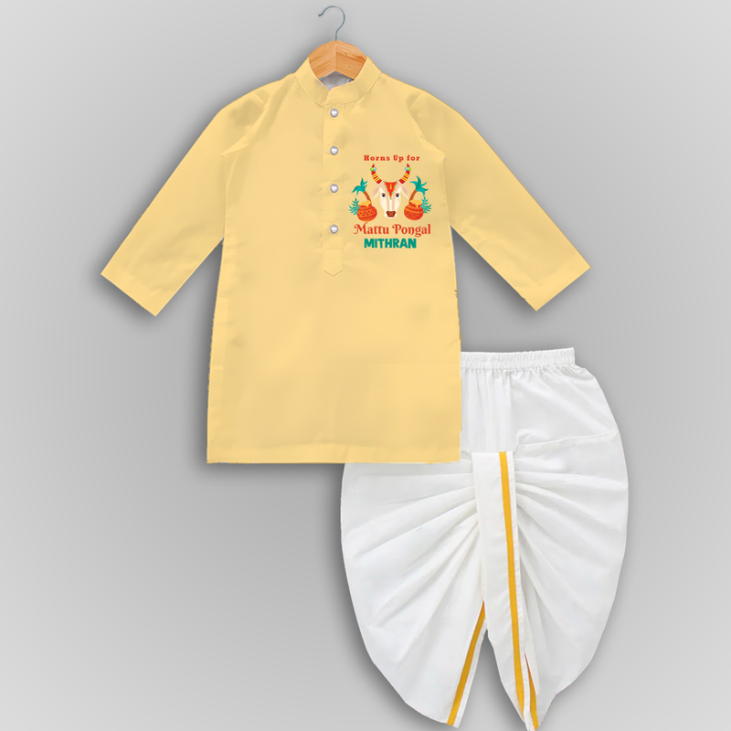 "Horn Up For Happy Mattu Pongal - Customized Dropped Dhoti for Boys with Name" - YELLOW - 0 - 6 Month Old (Chest 24", Kurta Length 14" , Waist 19", Dhoti Length 14")