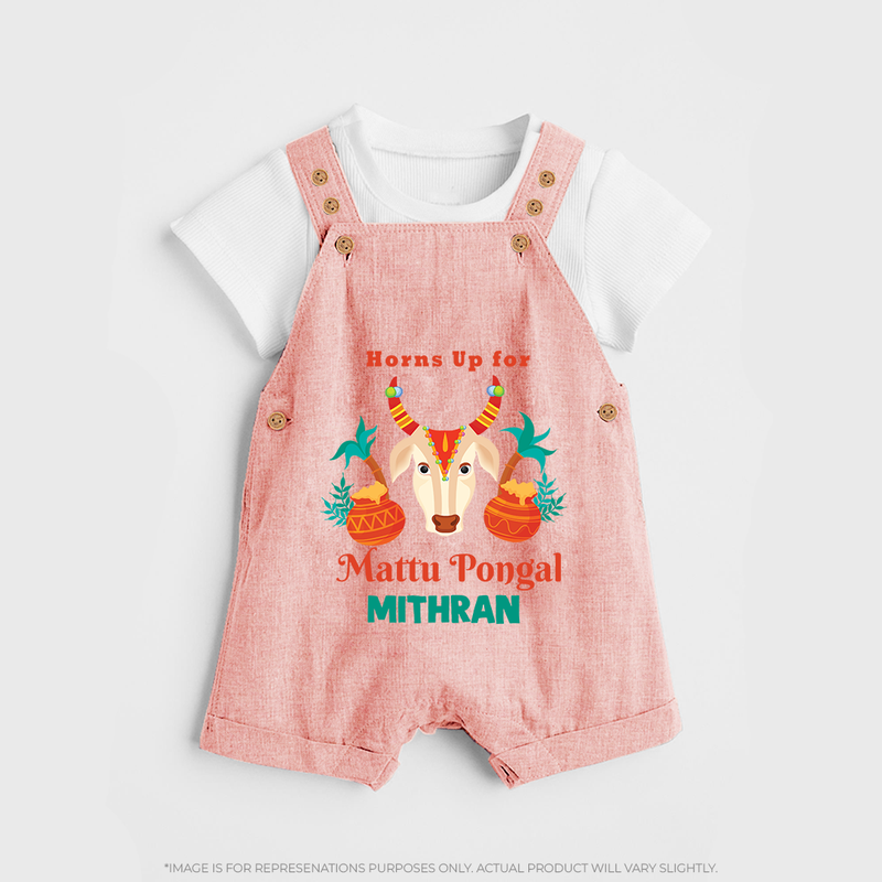 "Horn Up for Happy Mattu Pongal - Customized Dungaree Set for Kids with Name" - PEACH - 0 - 5 Months Old (Chest 18")