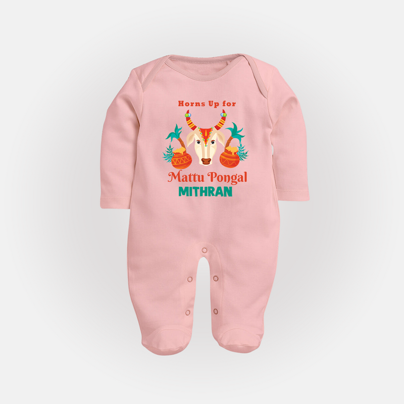 "Horn Up for Happy Mattu Pongal - Customized Sleep Suit for Babies with Name" - BABY PINK - New Born (Chest 7.5")