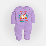 "Horn Up for Happy Mattu Pongal - Customized Sleep Suit for Babies with Name" - LILAC - New Born (Chest 7.5")