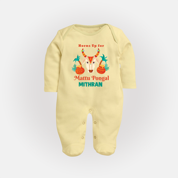 "Horn Up for Happy Mattu Pongal - Customized Sleep Suit for Babies with Name" - PASTEL YELLOW - New Born (Chest 7.5")