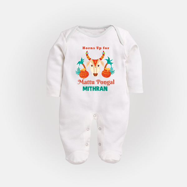 "Horn Up for Happy Mattu Pongal - Customized Sleep Suit for Babies with Name" - WHITE - New Born (Chest 7.5")