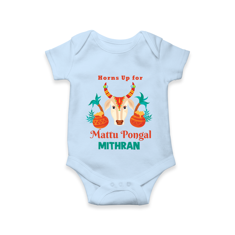 "Horn Up for Happy Mattu Pongal - Customized Romper for Babies with Name" - BABY BLUE - 0 - 3 Months Old (Chest 16")