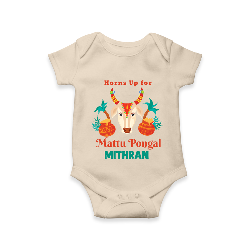 "Horn Up for Happy Mattu Pongal - Customized Romper for Babies with Name" - IVORY - 0 - 3 Months Old (Chest 16")