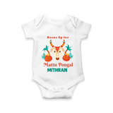 "Horn Up for Happy Mattu Pongal - Customized Romper for Babies with Name" - WHITE - 0 - 3 Months Old (Chest 16")