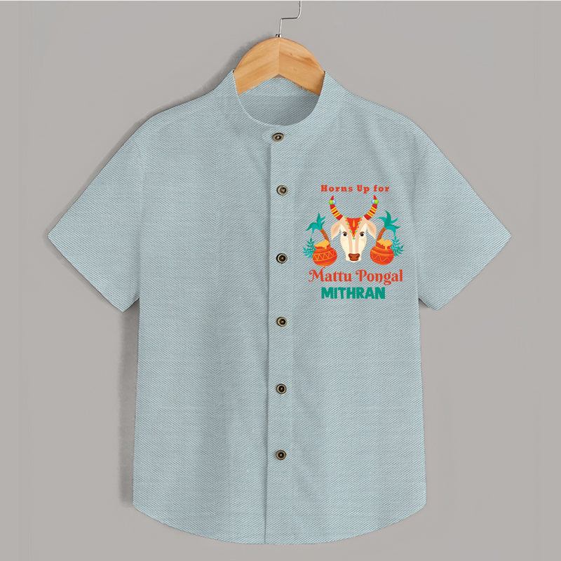 "Horn Up For Happy Mattu Pongal - Customized Shirt for Boys with Name" - ARCTIC BLUE - 0 - 6 Months Old (Chest 23")