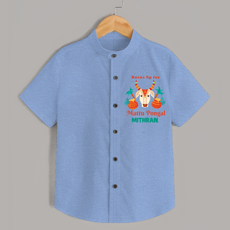 "Horn Up For Happy Mattu Pongal - Customized Shirt for Boys with Name" - SKY BLUE - 0 - 6 Months Old (Chest 23")