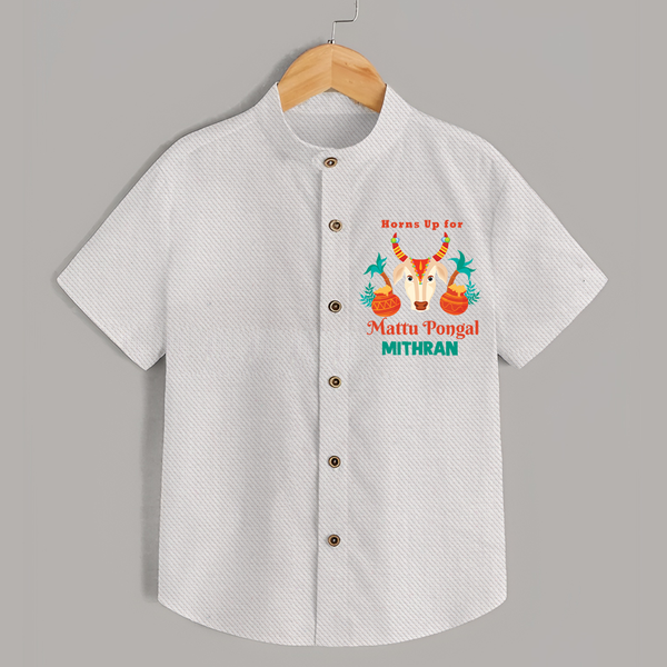 "Horn Up For Happy Mattu Pongal - Customized Shirt for Boys with Name" - WHITE - 0 - 6 Months Old (Chest 23")