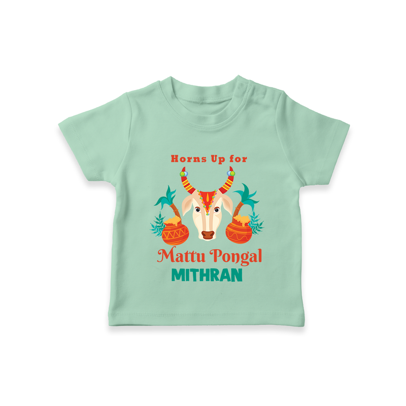 "Horn Up for Happy Mattu Pongal - Customized T-shirt for Kids with Name" - MINT GREEN - 0-5 Months Old (Chest 17")