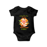 Happy Moo year - My First Mattu Pongal Themed Romper For Babies - BLACK - 0 - 3 Months Old (Chest 16")