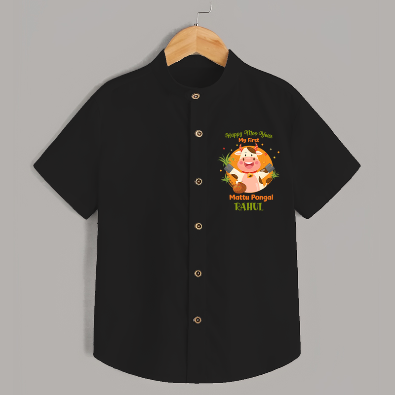 Happy Moo year - My First Mattu Pongal Themed Shirt For Kids - BLACK - 0 - 6 Months Old (Chest 23")