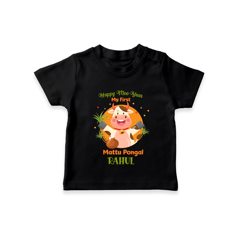 Happy Moo year - My First Mattu Pongal Themed T-shirt For Babies - BLACK - 0-5 Months Old (Chest 17")