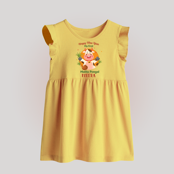 Happy Moo year - My First Mattu Pongal Themed Baby Frock For Babies - YELLOW - 0 - 3 Months Old (Chest 17")