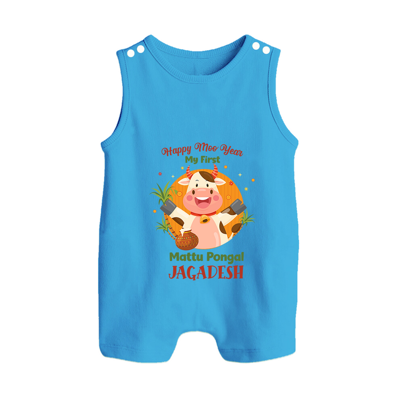 Happy Moo year - My First Mattu Pongal Themed Romper Suit For Babies - ROYAL BLUE - 0 - 5 Months Old (Chest 18")